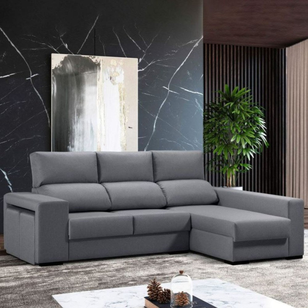 Sofá de Canto Marbella com Chaise Longue, Arrumação e Puffs - Cinza