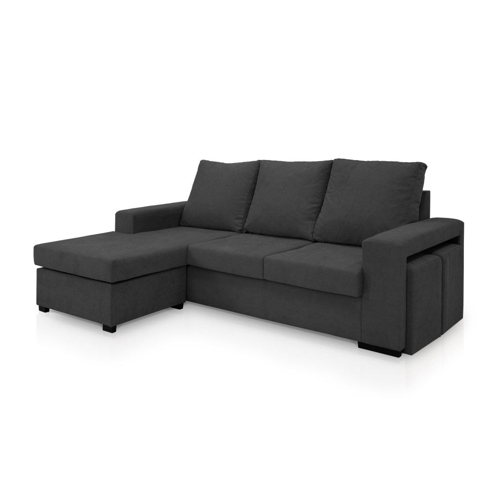Sofá de Canto Liz com Chaise Longue e Puffs - Cinza