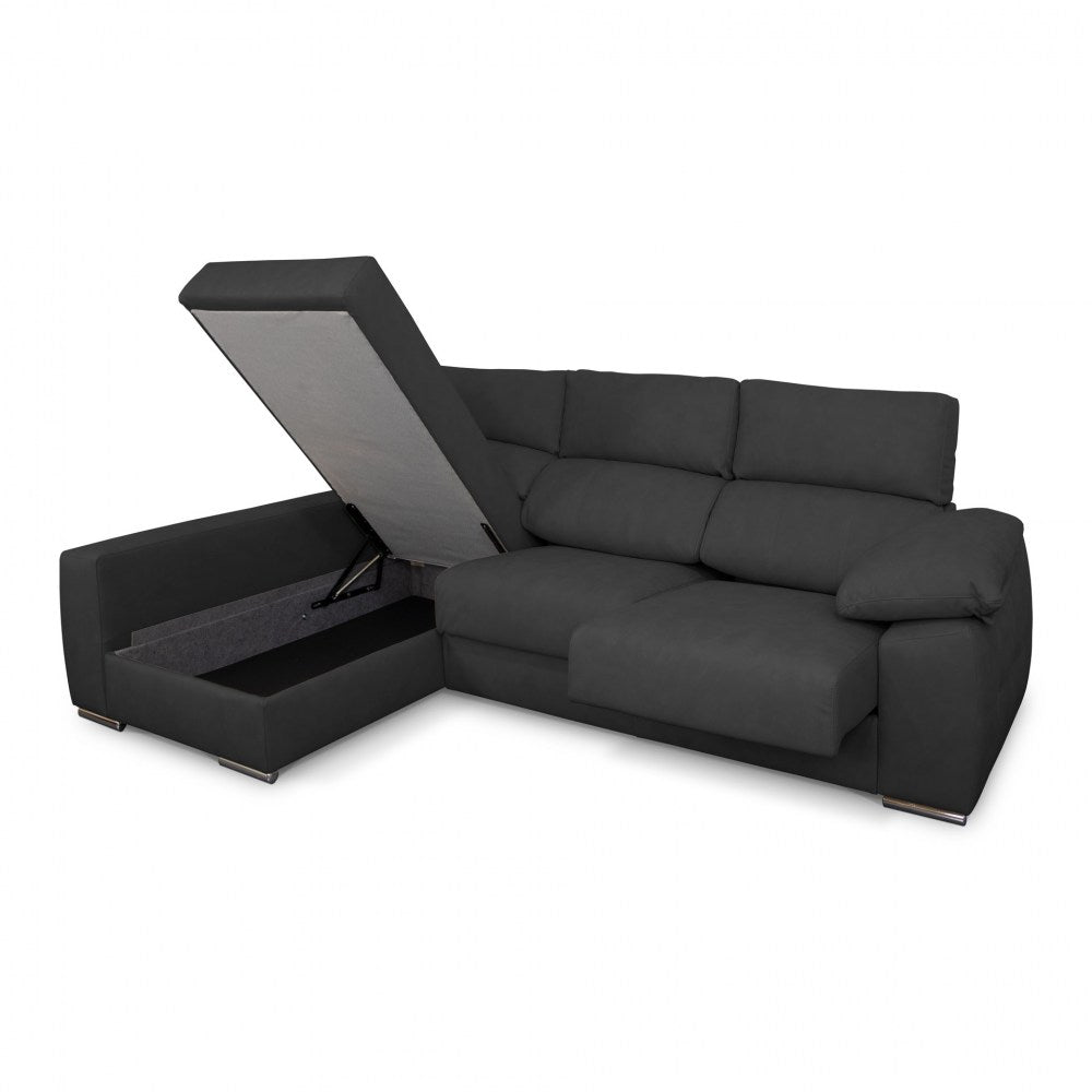 Sofá de Canto Compostela com Chaise Longue Reversível e Arrumação - Preto