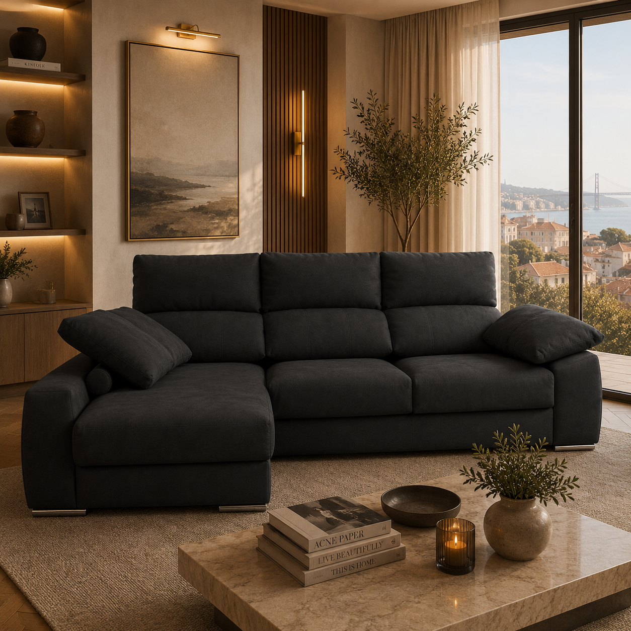 Sofá de Canto Compostela com Chaise Longue Reversível e Arrumação - Preto