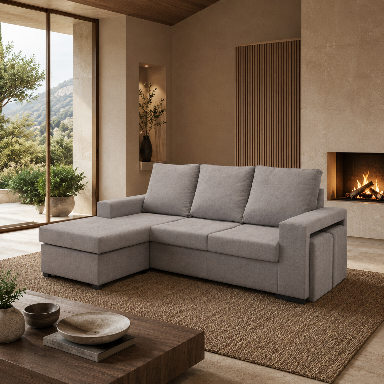 Sofá de Canto Liz com Chaise Longue e Puffs - Toupe