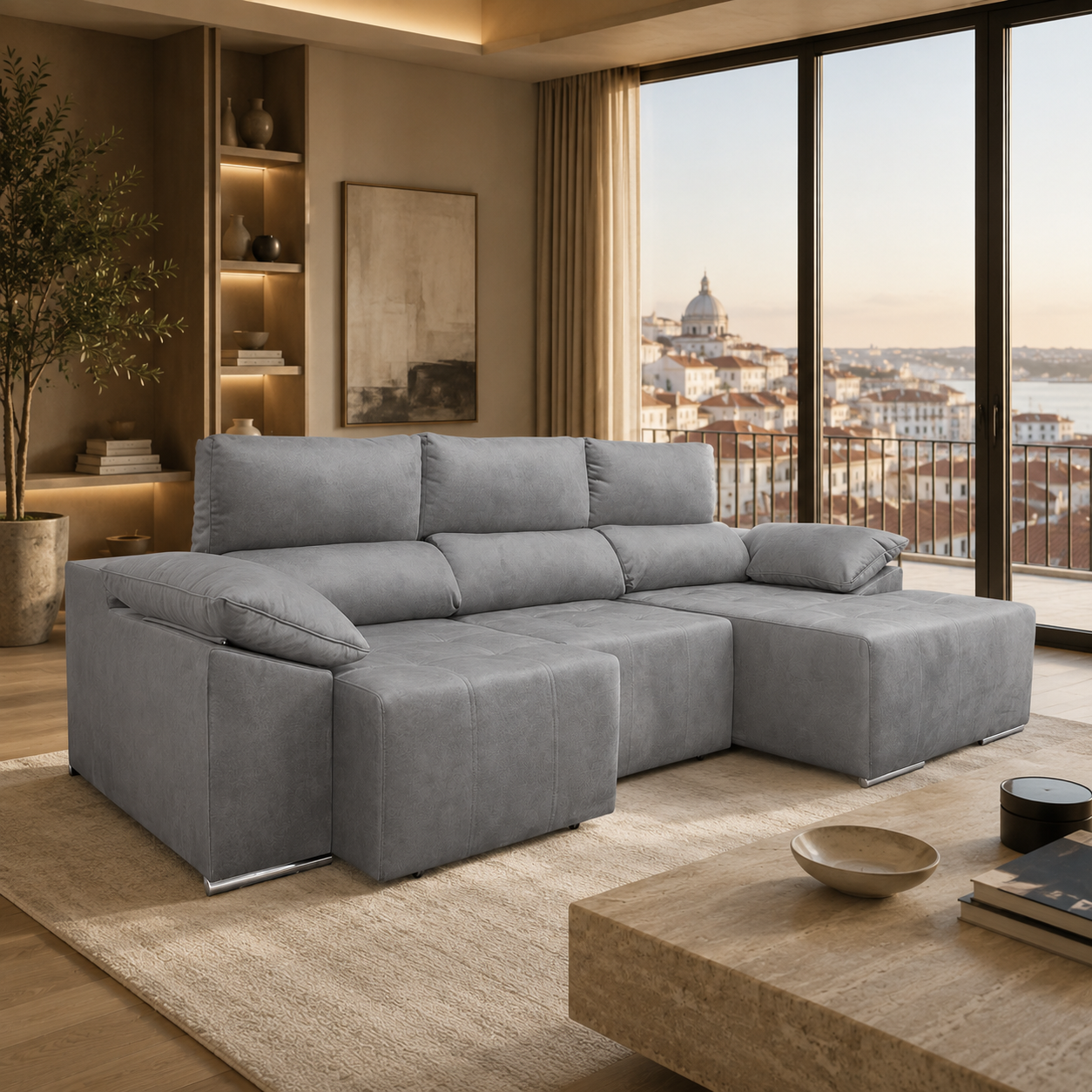 Sofá de Canto River com Chaise Longue e Assentos Extensíveis - Cinza